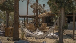 Eine Hängematte und Korbstühle stehen unter Palmen auf einem Sandstrand, im Hintergrund eine Struktur mit Reetdach.