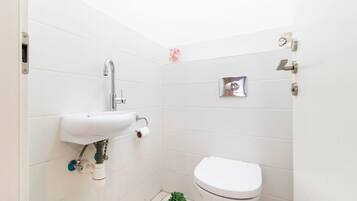 Een kleine, schone badkamer met witte tegels, een witte wastafel, toilet en een kleine plant.