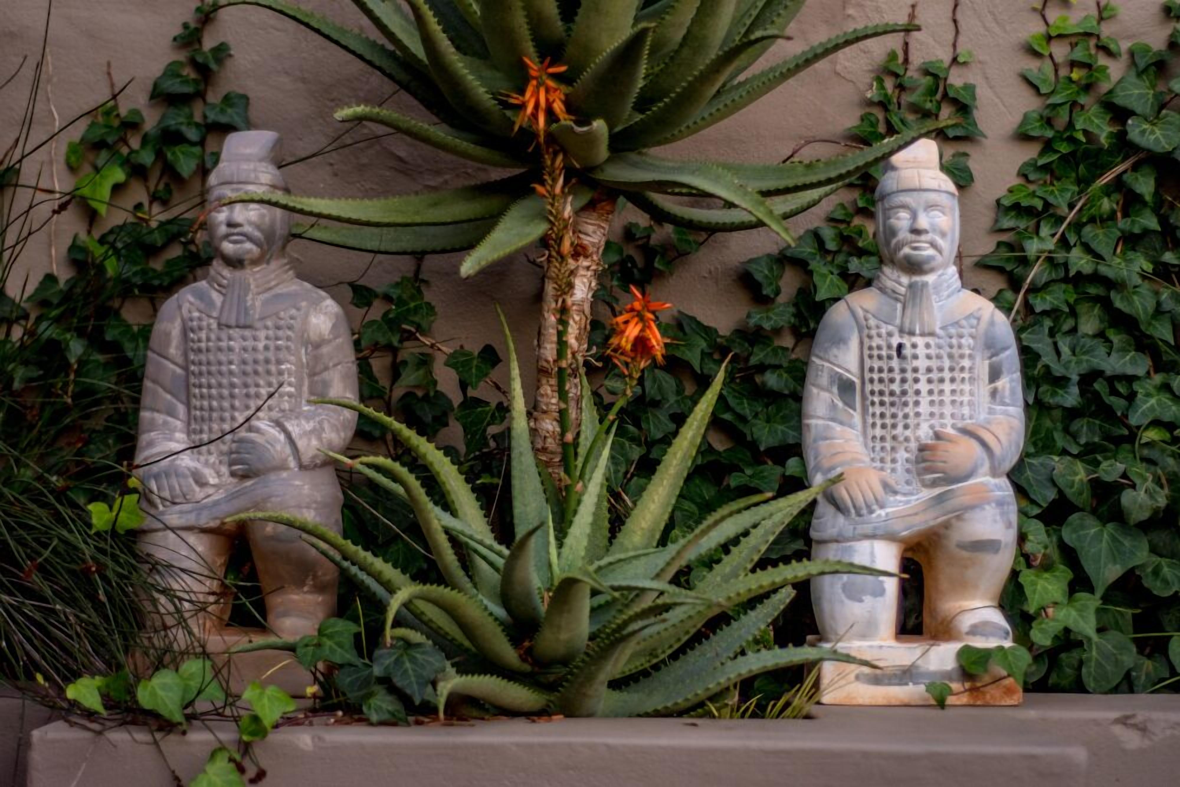Twee stenen beelden van zittende figuren, met een grote aloe plant ertussen.