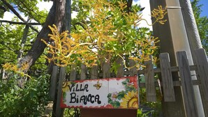 Un panneau indiquant « Villa Bianca », entouré d’une végétation luxuriante et d’arbres.