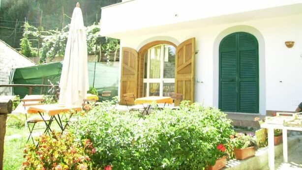 Un bâtiment blanc avec des volets verts, une terrasse avec des chaises et une table, et un jardin.
