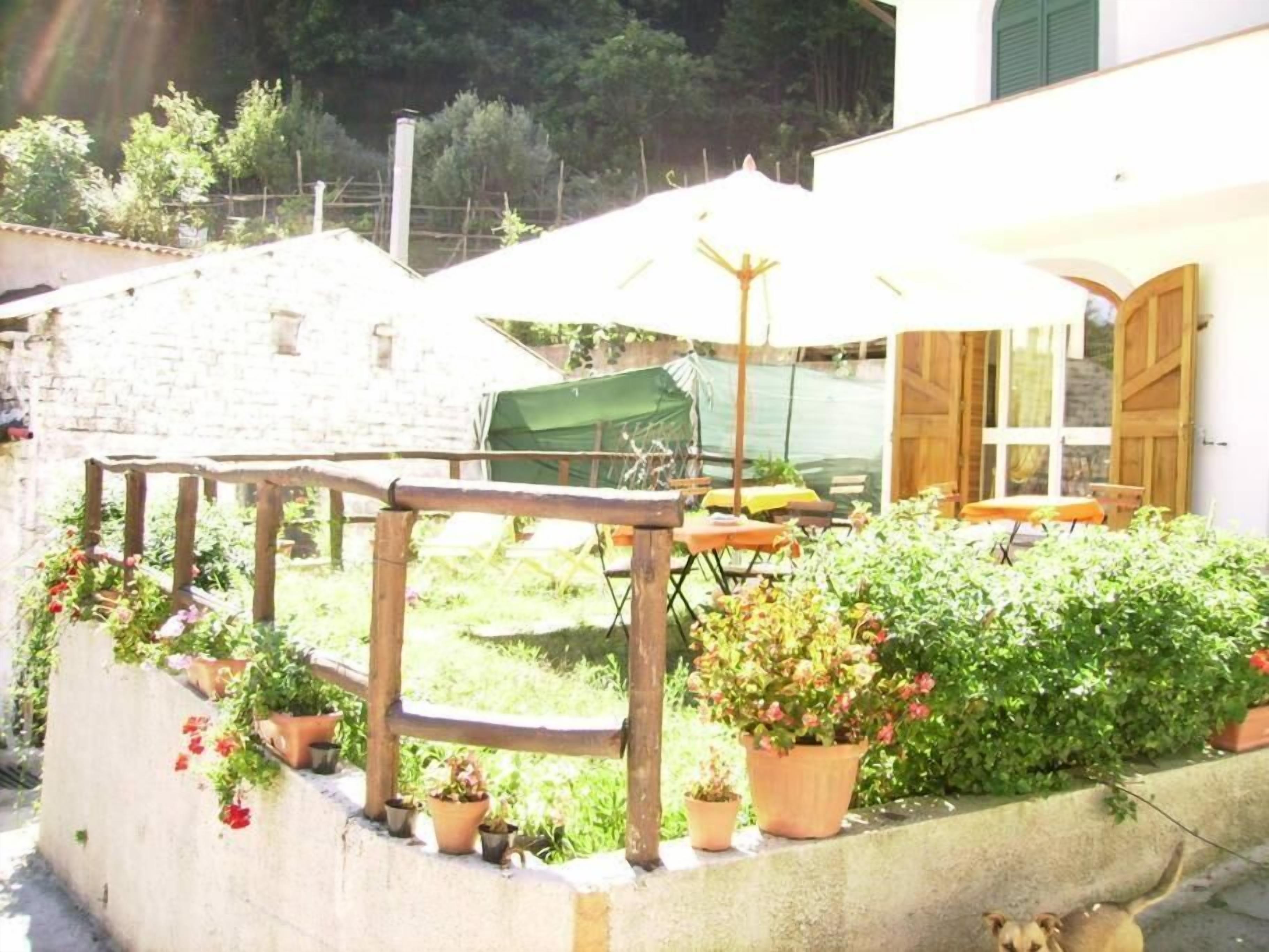 Une cour avec une clôture en bois, des plantes en pot et des sièges d’extérieur placés sous des parasols.