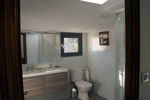 A modern bathroom with a large mirror, a toilet, and a sink. - Lodge character right in the heart of the medieval town (Carcassonne)