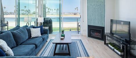 Smart TV, fireplace, DVD player, books