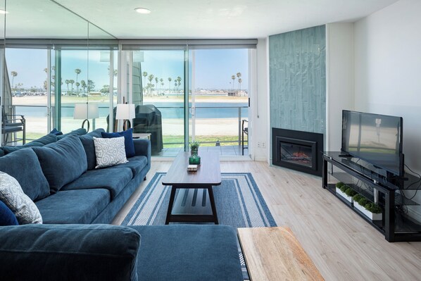 Smart TV, fireplace, DVD player, books