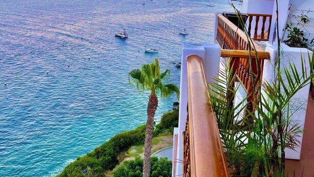 En balkon med udsigt over havet og både, et palmetræ og en hvid bygning med balkon.