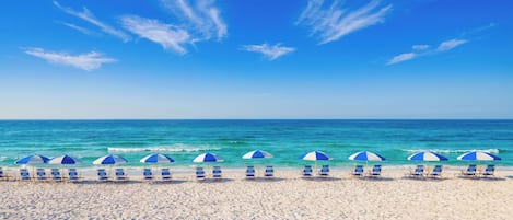 En strand med rader av blå och vita strandstolar och parasoller, en klar himmel och lugna vågor.