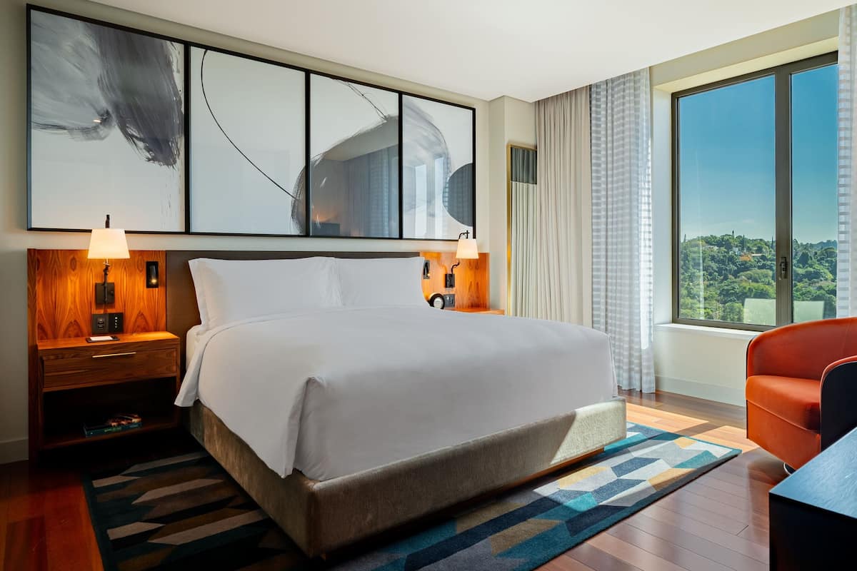 Een hotelkamer met een groot bed, twee nachtkastjes met lampen, uitzicht op groen door het raam en een moderne fauteuil.