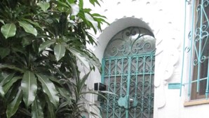 A staircase leading to a door with intricate metalwork, surrounded by lush greenery. - Classic Hollywood Hills Living with Amazing Views ~1200sf (Los Angeles)
