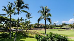 Un terrain de golf bordé de palmiers, avec un bâtiment visible au loin.