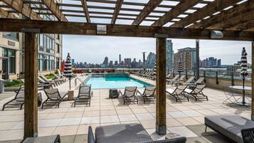 Outdoor pool, pool umbrellas, pool loungers