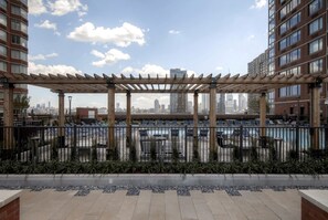Outdoor pool, pool umbrellas, pool loungers
