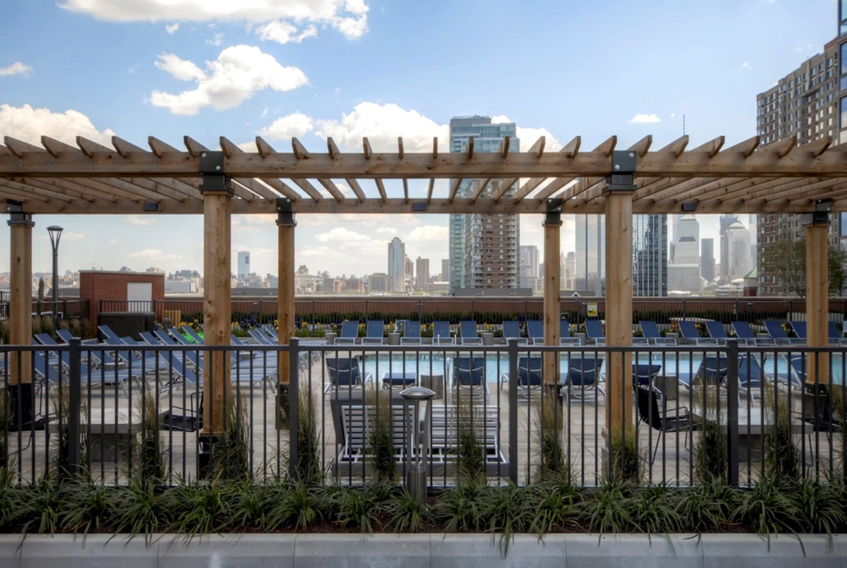 Outdoor pool, pool umbrellas, sun loungers