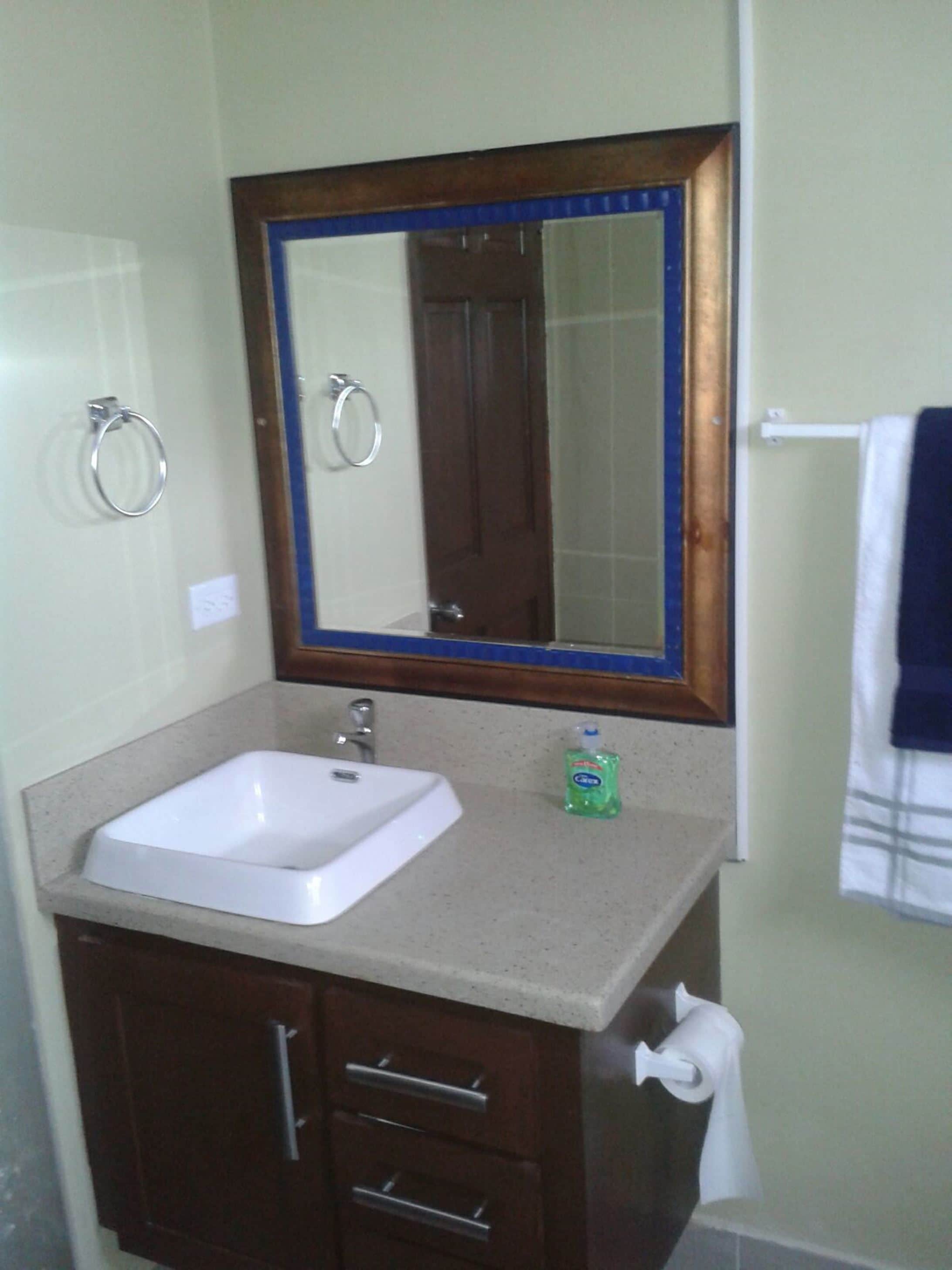 Un baño con un lavabo blanco, un espejo con marco de madera, un perchero para toallas y una botella de jabón para manos.