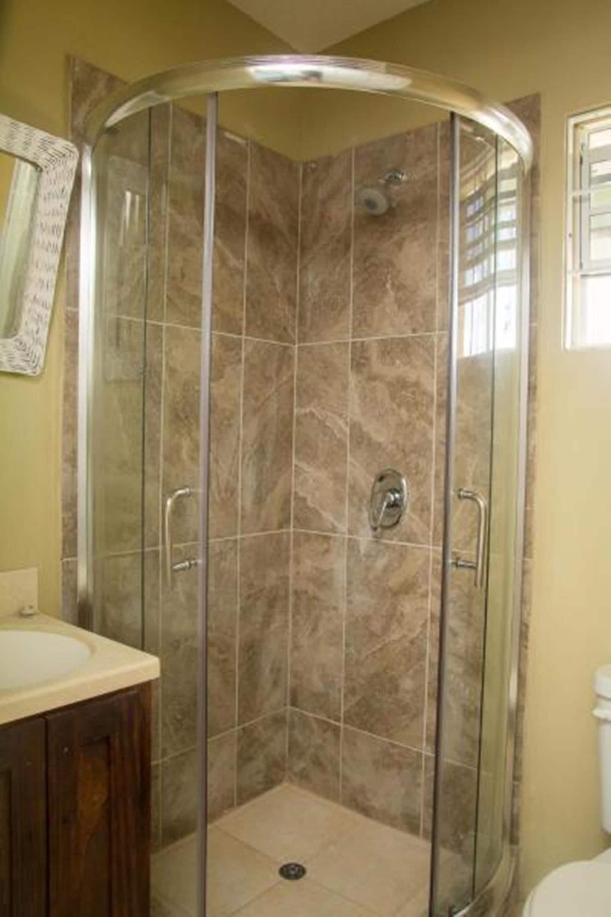 Shower, free toiletries, hair dryer, towels