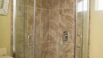 Shower, free toiletries, hair dryer, towels