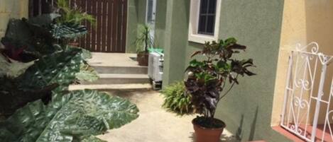 A narrow pathway leading to a building with a green exterior and a white door. There are potted plants along the path and a metal gate on the right.