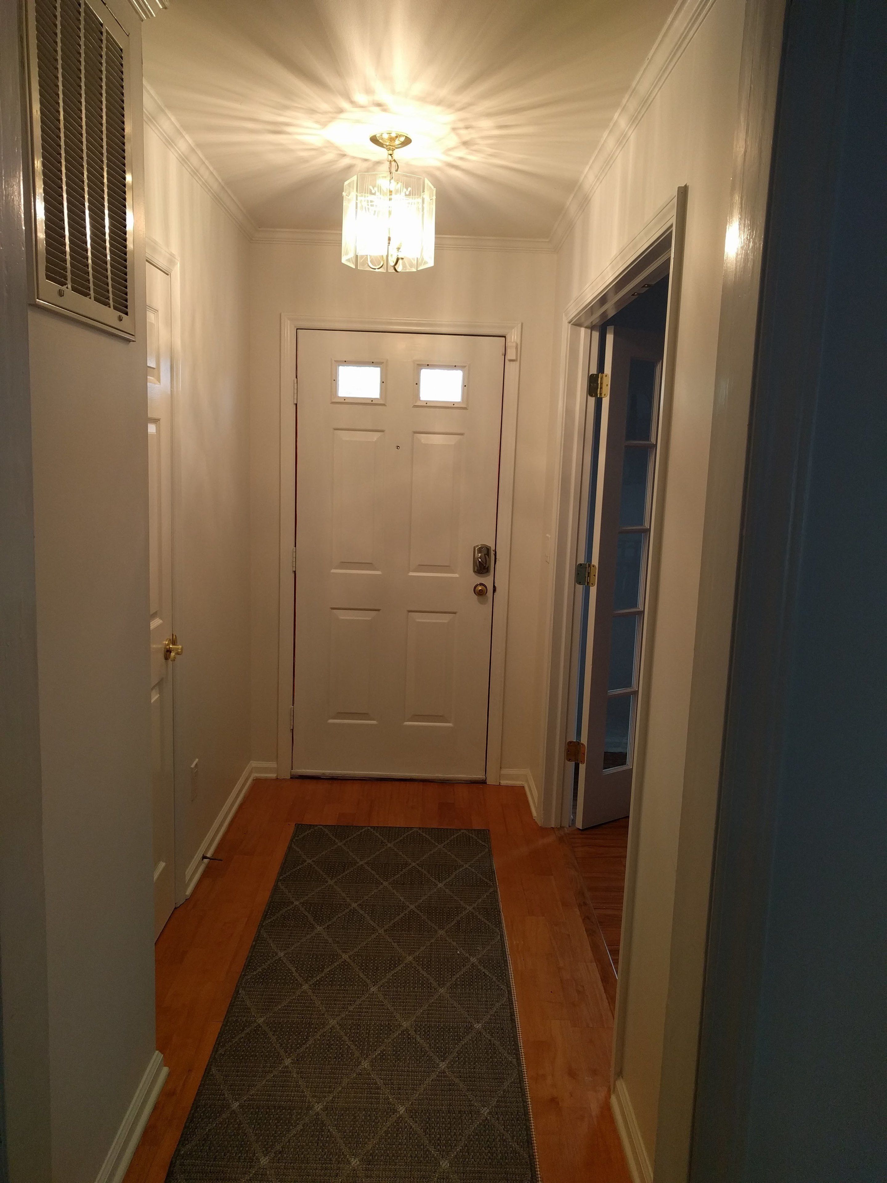 A hallway with a patterned rug, a white door with two windows, and a blue door.