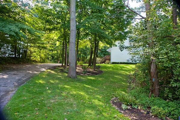 A residential property with a paved driveway, a well-maintained lawn, and mature trees.