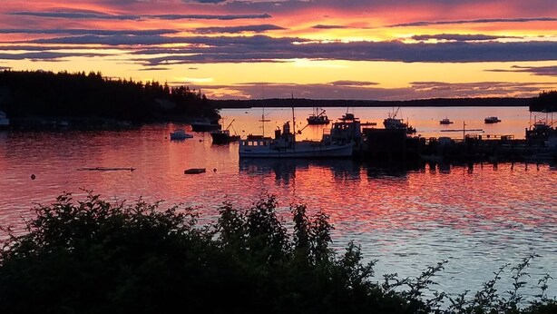 A harbor at sunset with boats docked, calm water, and a forested shoreline. - "Tranquility Base" is a place where you can lose yourself in nature. (St George)