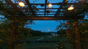 Una pérgola con luces colgantes, rodeada de follaje y con vistas a un paisaje que incluye un sendero y edificios a lo lejos.