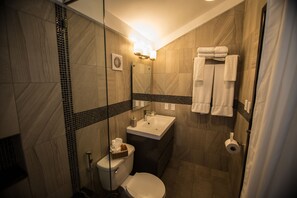 A compact bathroom with a toilet, sink, and shower area. - Colibri Boutique Hotel (Sosúa)