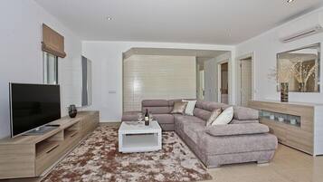 Smart TV, fireplace, DVD player, books