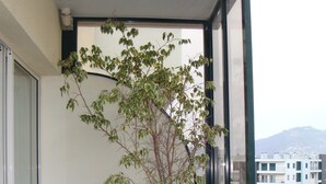 A balcony with a table and chairs, a potted plant, and a view of buildings and mountains. - Funchal beach area - Sea view - Free Wifi (Funchal)