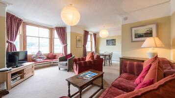 Smart TV, fireplace, DVD player, books