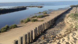 En sandstrand med ett trästaket och stilla vatten.