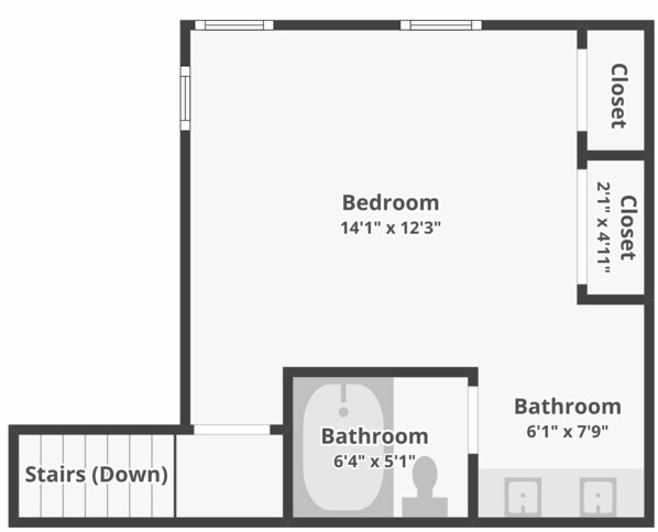 A floor plan with a bedroom measuring 14'1" x 12'3", a closet space of 2'1" x 4'11", a bathroom of 6'1" x 7'9", and a smaller bathroom of 6'4" x 5'1". - Greyhawk | Private Hot Tub | Walk to Main Street | Lower Deer Valley (Park City)