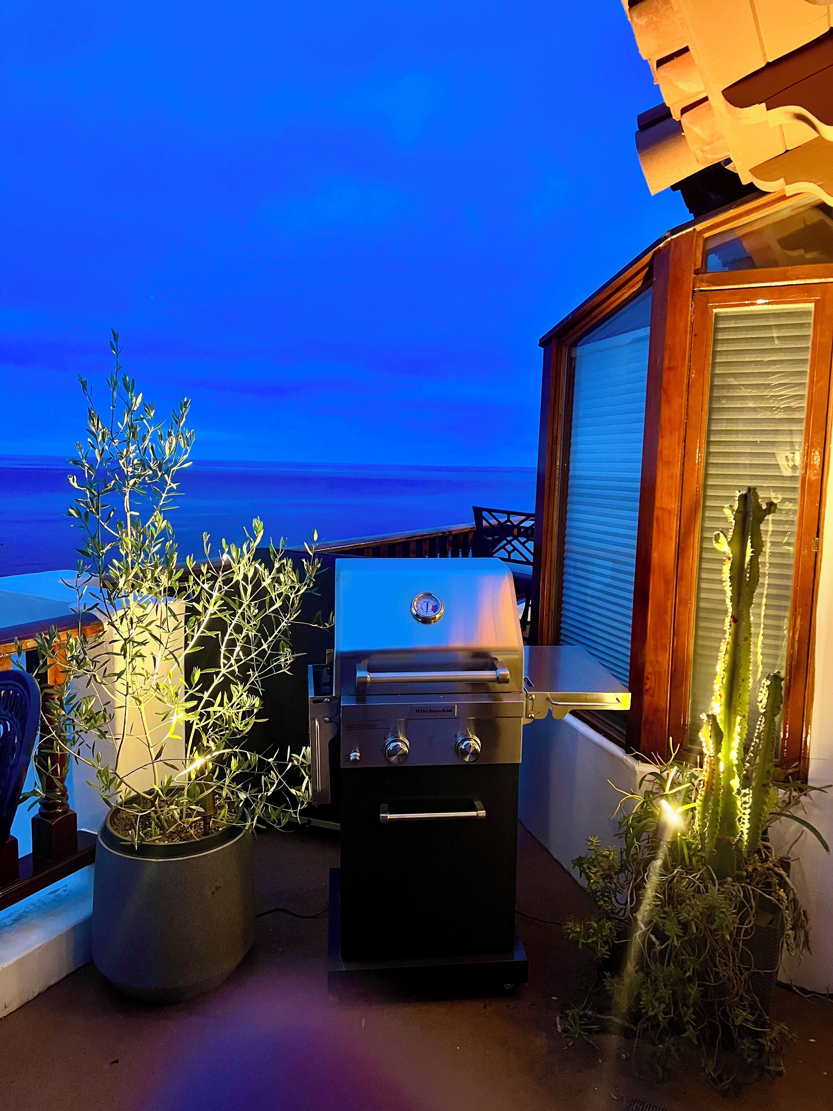 A barbecue grill with a digital display, positioned on a balcony with potted plants and a view of the ocean.