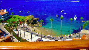 A coastal view with a beach, palm trees, and boats on the water. - Amazing Luxury ocean front Hamilton Cove Villa  w/electric cart (Avalon)