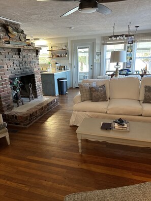 Smart TV, fireplace, books