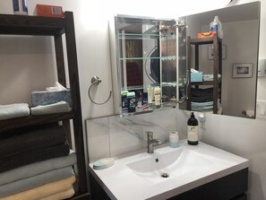 Ensemble douche/baignoire, sèche-cheveux, serviettes fournies, savon