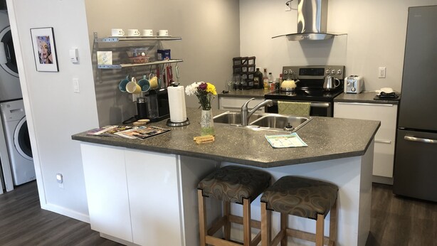 A modern kitchen with a central island, stainless steel appliances, and a built-in oven. - Top loft garage suite close to Whyte Ave & University. Quick access to Downtown. (Edmonton)