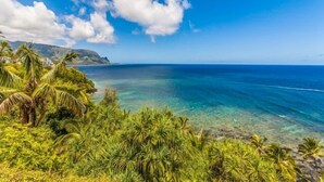 A tropical beach with clear blue waters, lush greenery, and a mountainous backdrop. - AC!! Stunning Ocean Views - Walk to the beach #133-134 (Princeville)