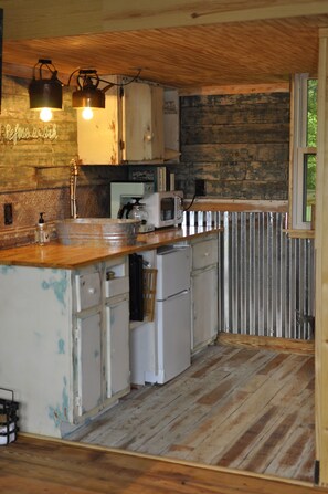 Fridge, microwave, stovetop, coffee/tea maker