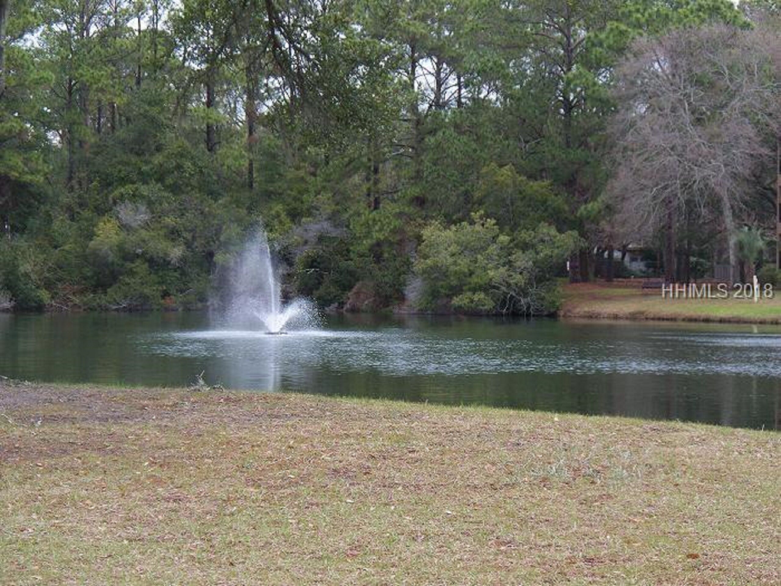 A tranquil pond with a fountain in the center, surrounded by dense trees and a grassy area.