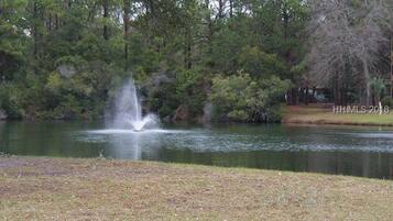A tranquil pond with a fountain in the center, surrounded by dense trees and a grassy area.