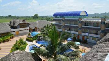 Outdoor pool, pool umbrellas, pool loungers