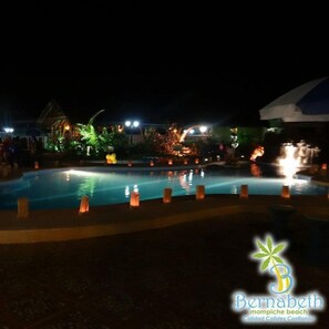 Outdoor pool, pool umbrellas, pool loungers