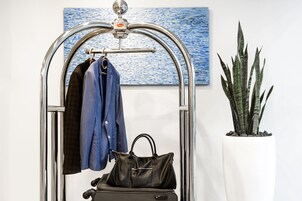 Un portaequipajes metálico con una maleta y un bolso de mano, una chaqueta azul y marrón, y una planta en maceta frente a una pared blanca con una obra de arte texturizada azul.