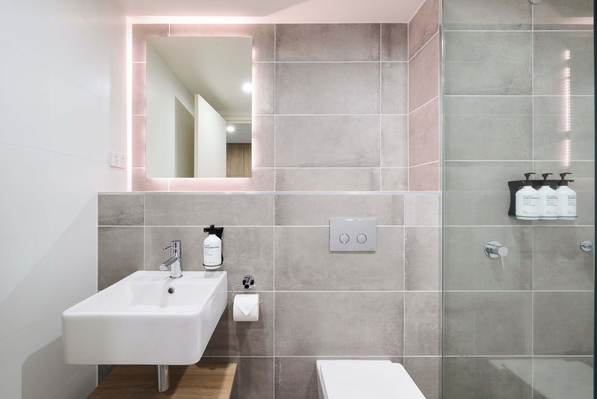 shower, rainfall showerhead, designer toiletries, hair dryer