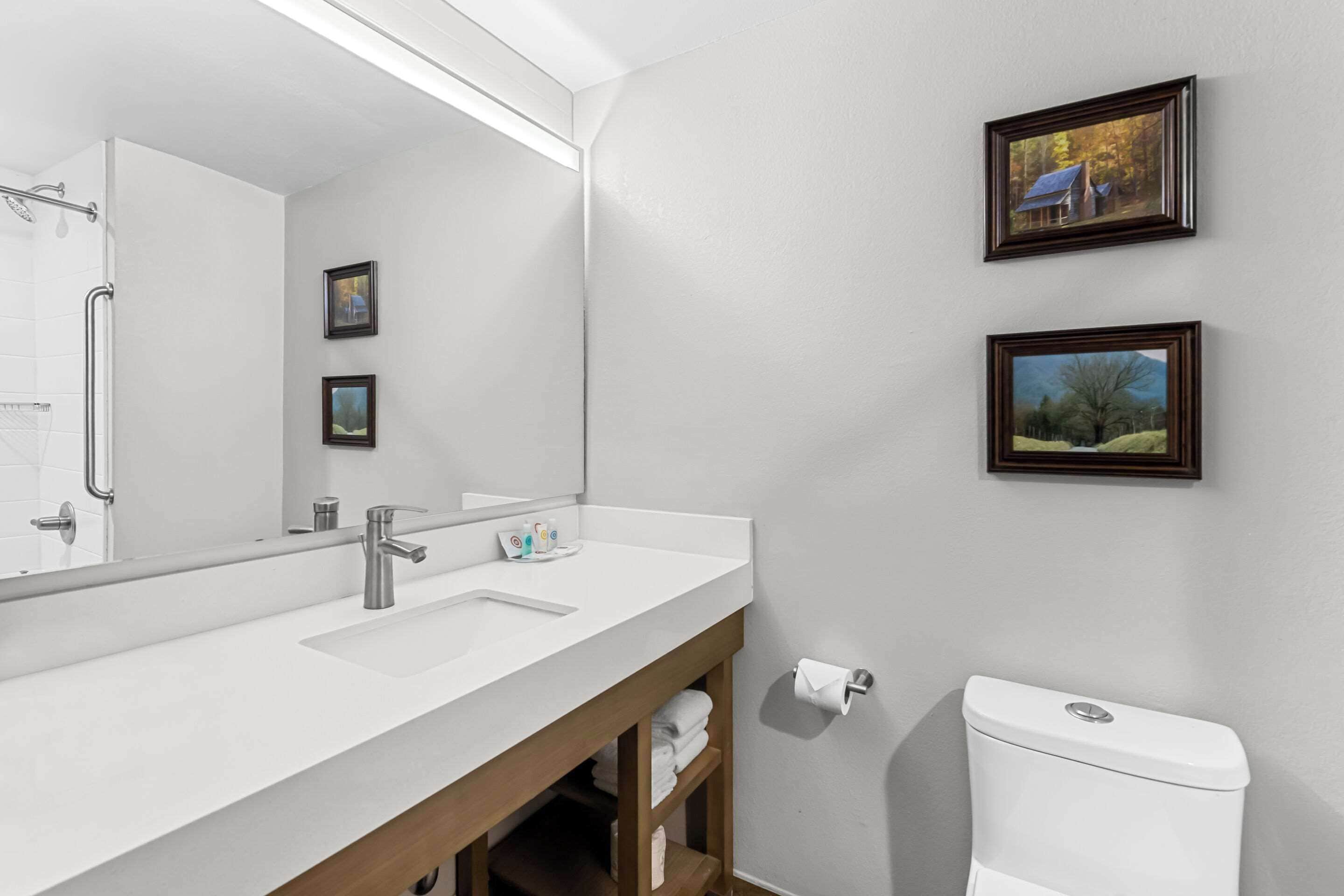 Un baño moderno con un lavamanos blanco, un espejo y un inodoro. Hay dos cuadros enmarcados en la pared.