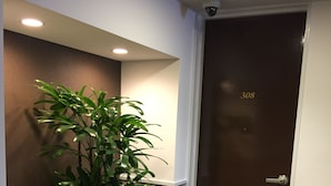 A hallway with a potted plant, a door marked with the number 308, and a security camera above the door. - Hotel Oxio (Okayama)