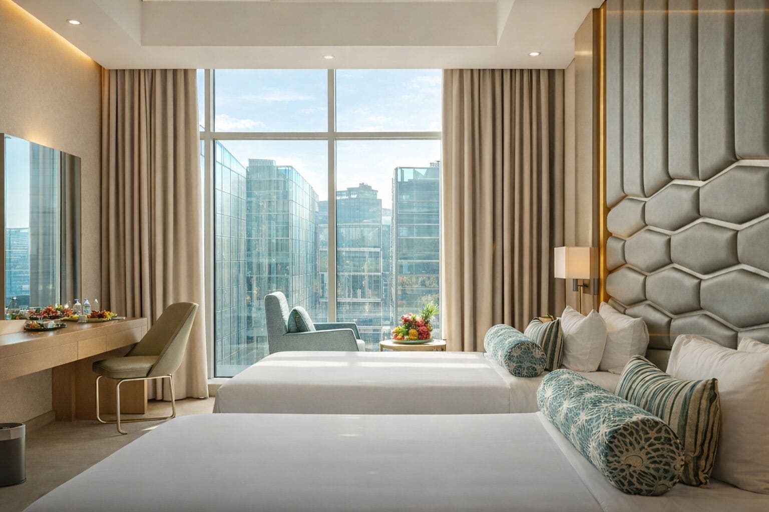 Habitación de hotel moderna con una cama grande, un escritorio y una silla. Se ve una vista de edificios altos a través de ventanas amplias.