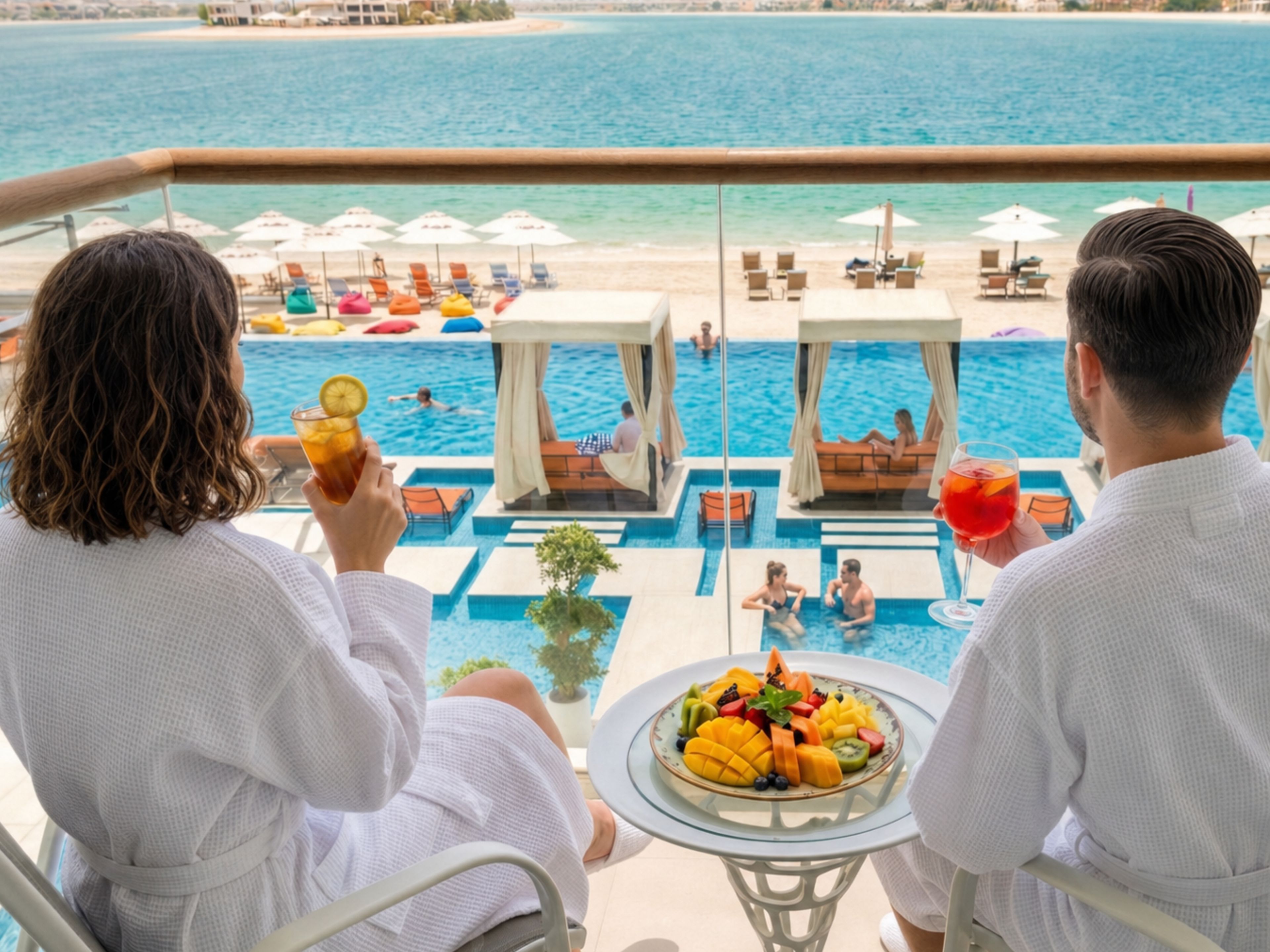 A couple seated at a table with a view of a pool and beach.