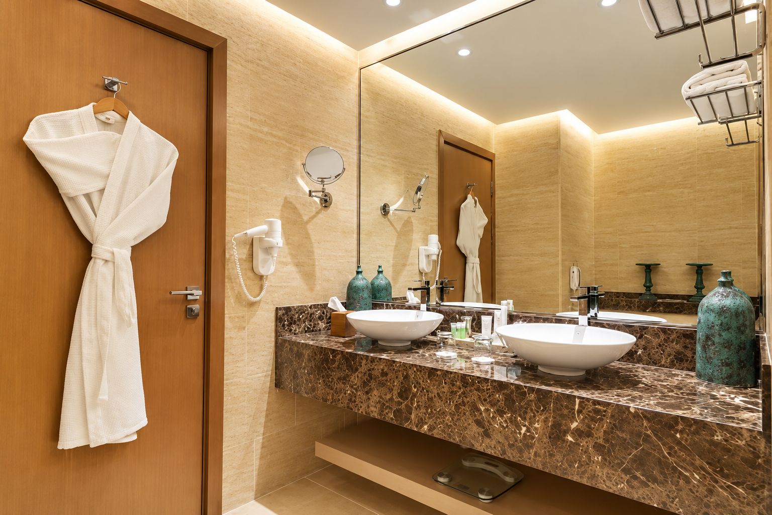 A modern bathroom with two sinks, a robe hanging on the door, and a large mirror.
