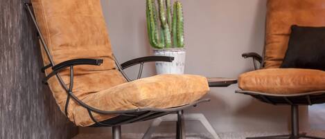 Two leather armchairs with metal frames, a cactus plant, and a white vase on a gray carpet.